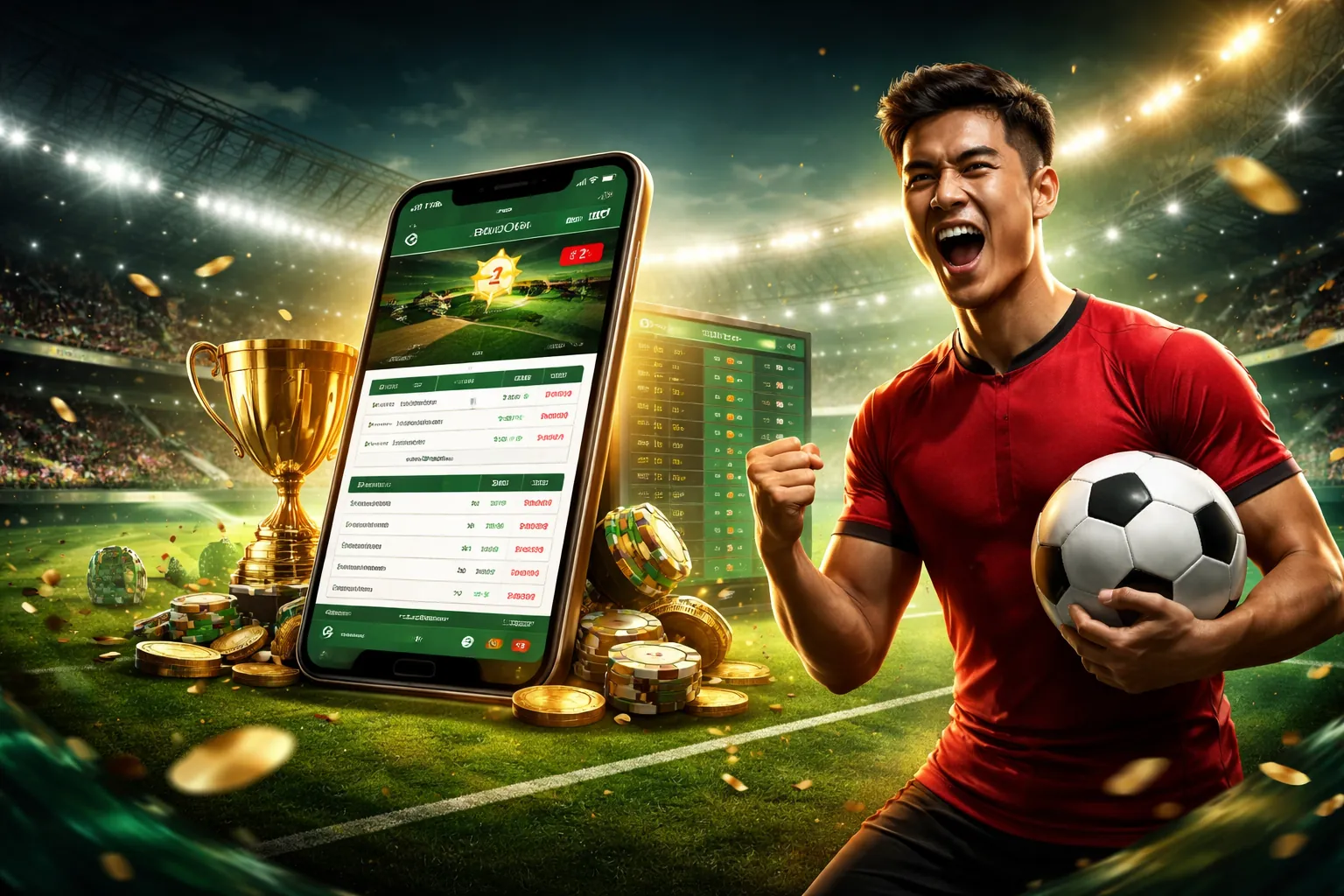 Sân vận động bóng đá với ánh đèn rực rỡ và logo bet vnd888